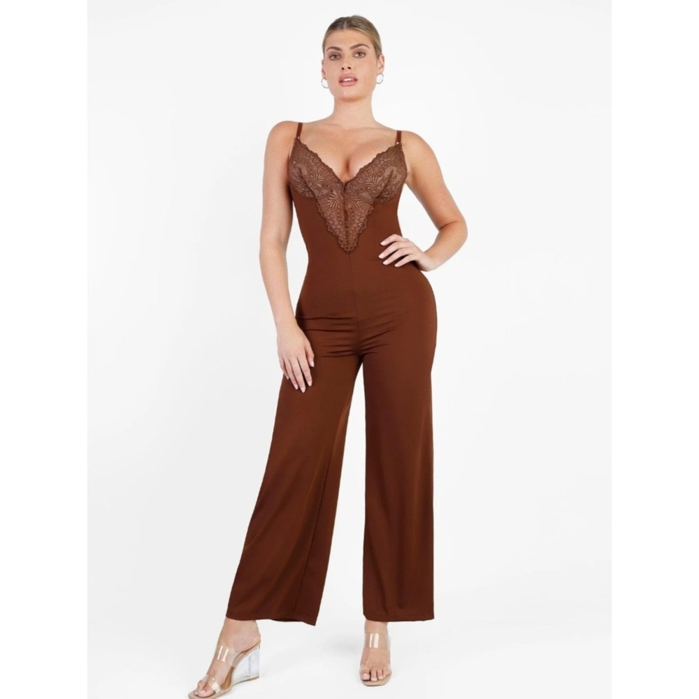 Popilush Women Brown Lace V-Neck Wide Leg Shapewear Jumpsuit XXL New With Tags